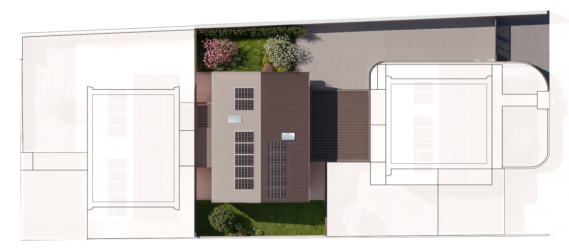 Vista dall’alto di Villa Centrale e del suo giardino nel progetto Civico Futuro