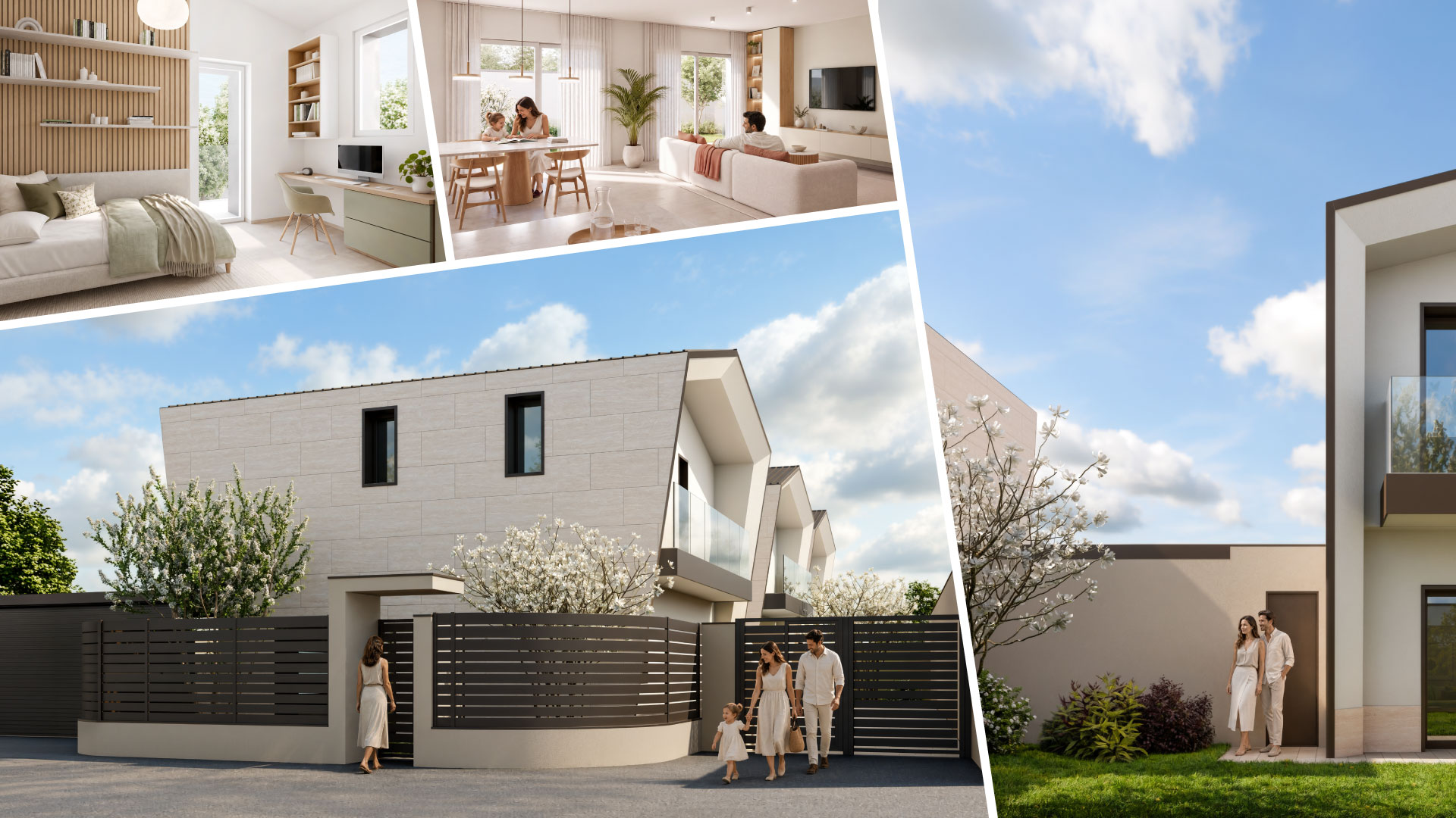 Rendering del progetto Civico Futuro: tre ville indipendenti con giardino a Cernusco sul Naviglio